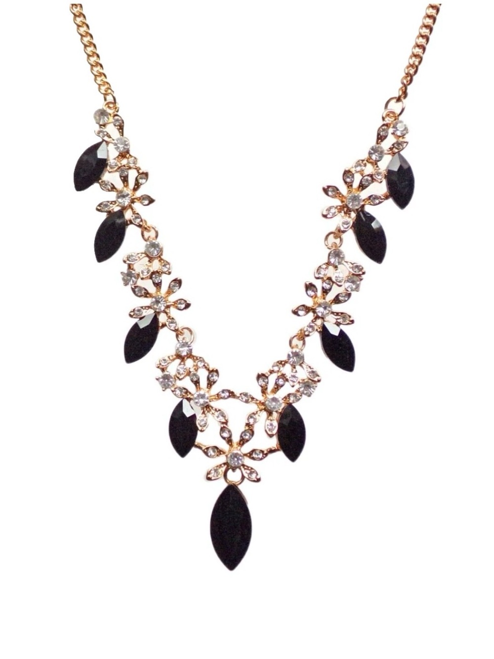 Elegant Black crystal necklace w/ clear crystals flowers and marquise crystals